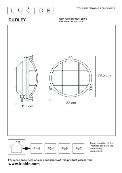 Lucide DUDLEY - Applique murale Intérieur/Extérieur - 1xE27 - IP65 - Or Mat / Laiton - TECHNISCH